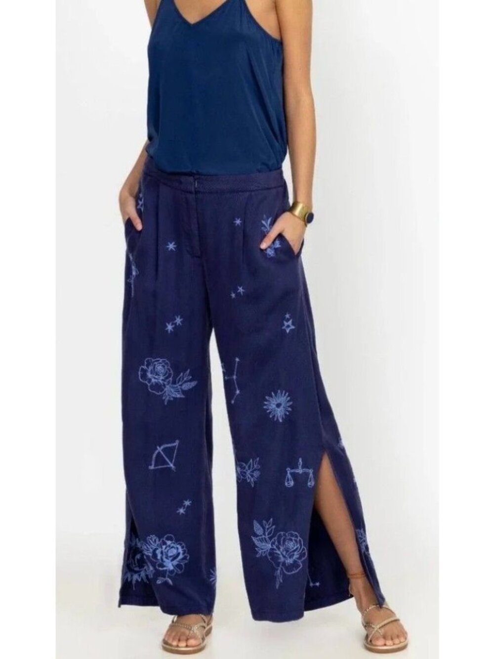 NWT Johnny Was Bijou High Slit Pants Wide Leg Boho Embroidered Pants Navy Sz. XL